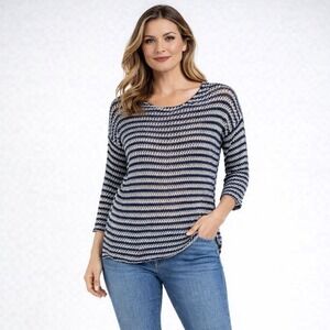 360 Sweater Linen Blue Cream Striped Nautical Coastal 3/4 Sleeve Sweater Size S